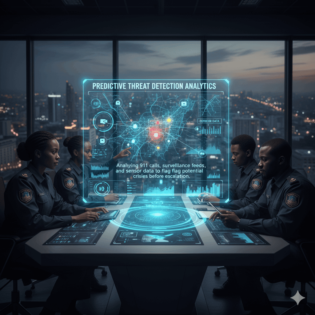 Officers reviewing a predictive threat map around a holographic table
